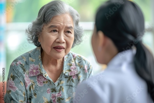 Within a welcoming and well-lit setting, a senior woman sporting gray hair engages in dialogue with a healthcare professional, suggesting a thoughtful exchange focused on her welfare and comfort.