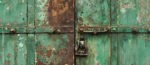 A detailed view of a weathered green door with visible rust and a latch, showcasing the effects of aging and deterioration. The rust adds character to the texture of the door, giving it a rustic