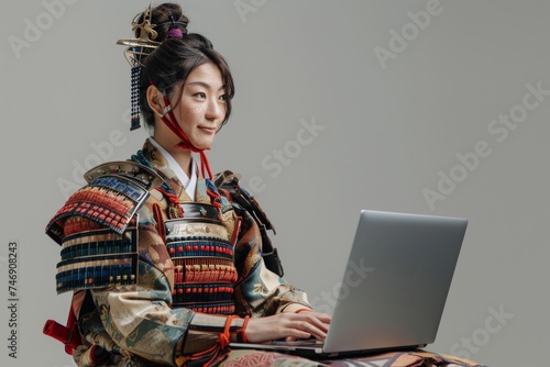 Conceptual the embodiment of beauty Japanese girl meets the spirit of the samurai, working and typing on Laptop in Samurai warrior armor against a white Background.