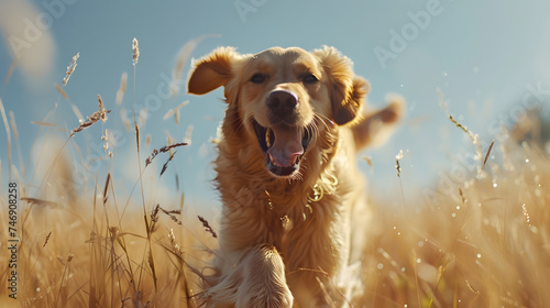 Um golden retriever brincalhão correndo em um campo gramado com o sol poente ao fundo