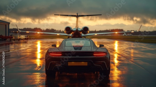 Super car and private jet on landing strip. Business class service at the airport. Created with Generative AI. © lchumpitaz