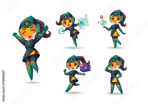 Green Black little Super Hero Girl with helmet Mascot Character Set2