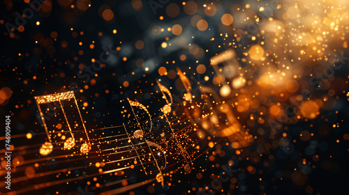 illustration of gold music note with sheet music  disc  and treble clef on a dark background.