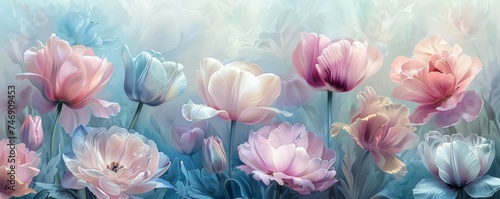 A soft and ethereal capture of pastel-colored tulips, gently swaying in the misty morning light, creating a serene floral display.