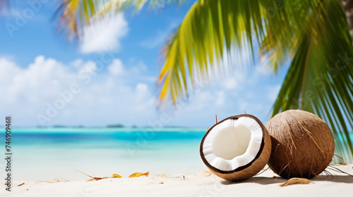 Tropical Beach Paradise with Fresh Coconuts on White Sand. Summer Vacation and Natural Refreshment Concept