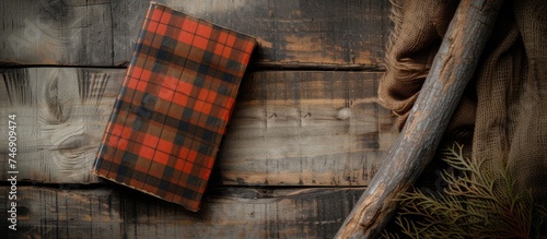 A red and black plaid cloth is neatly laid out on a wooden surface, creating a striking contrast. The texture of the cloth complements the grains of the wood, adding a touch of warmth to the scene.