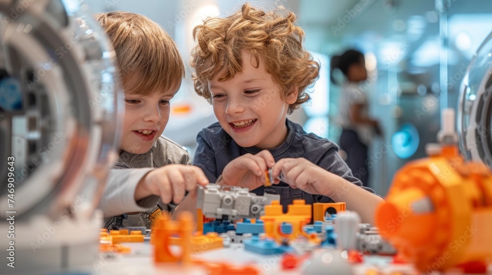 Happy Siblings Playing with Building Blocks .