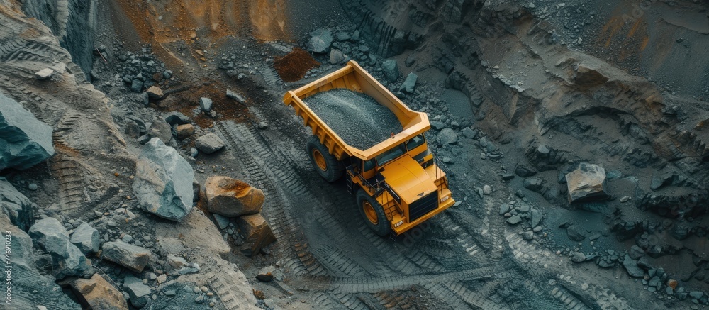 A large yellow dump truck is seen driving down a dusty dirt road in an open mine site. The truck is moving along, leaving a trail of dust behind as it transports materials. A large yellow dump truck is seen driving down a dusty dirt road in an open mine site. The truck is moving along, leaving a trail of dust behind as it transports materials.