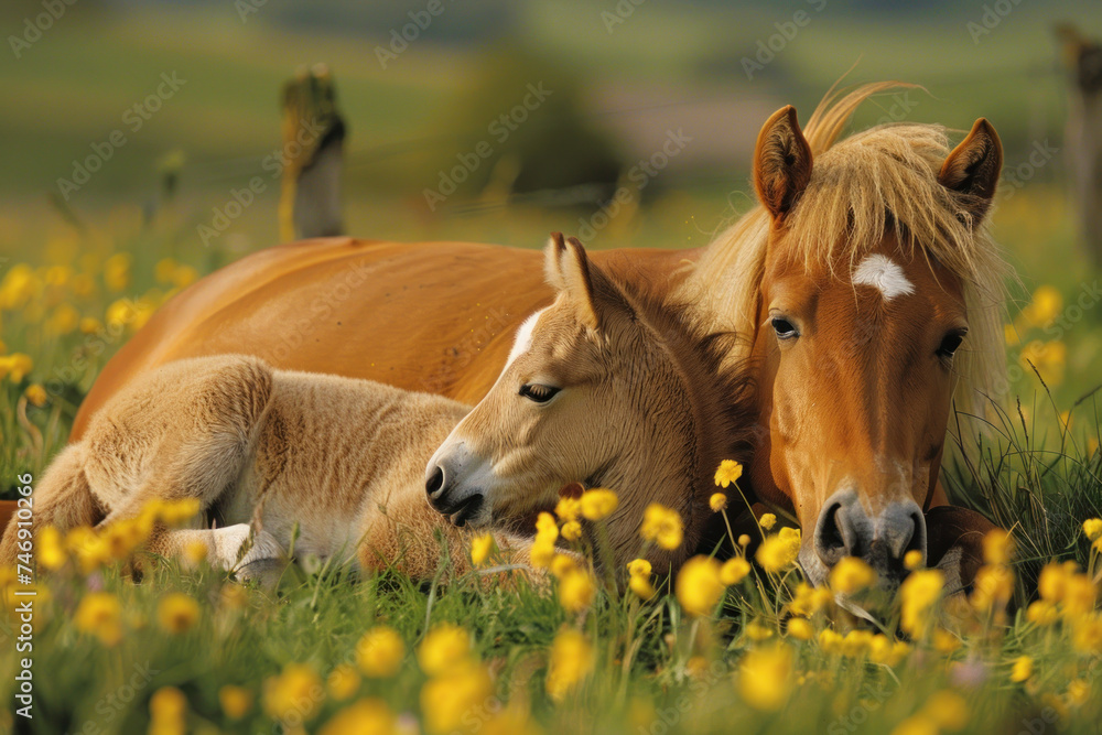 A horse is taking care of her cub, animal and love, familiy concept A horse is taking care of her cub, animal and love, familiy concept