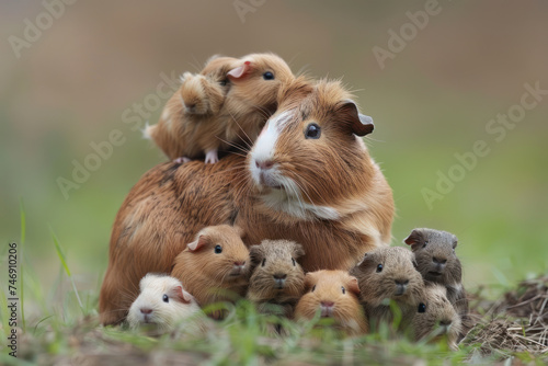 A guinea pig is taking care of her cub, animal and love, familiy concept photo