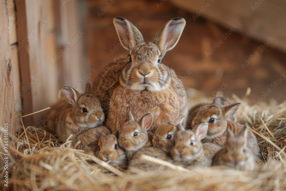 Obraz premium A rabbit is taking care of her cub, animal and love, familiy concept