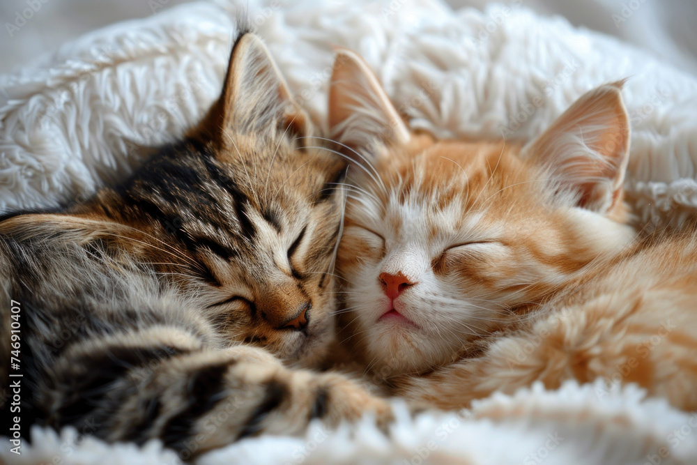 Cats sleep together on white fluffy bed, animal, love, family concept