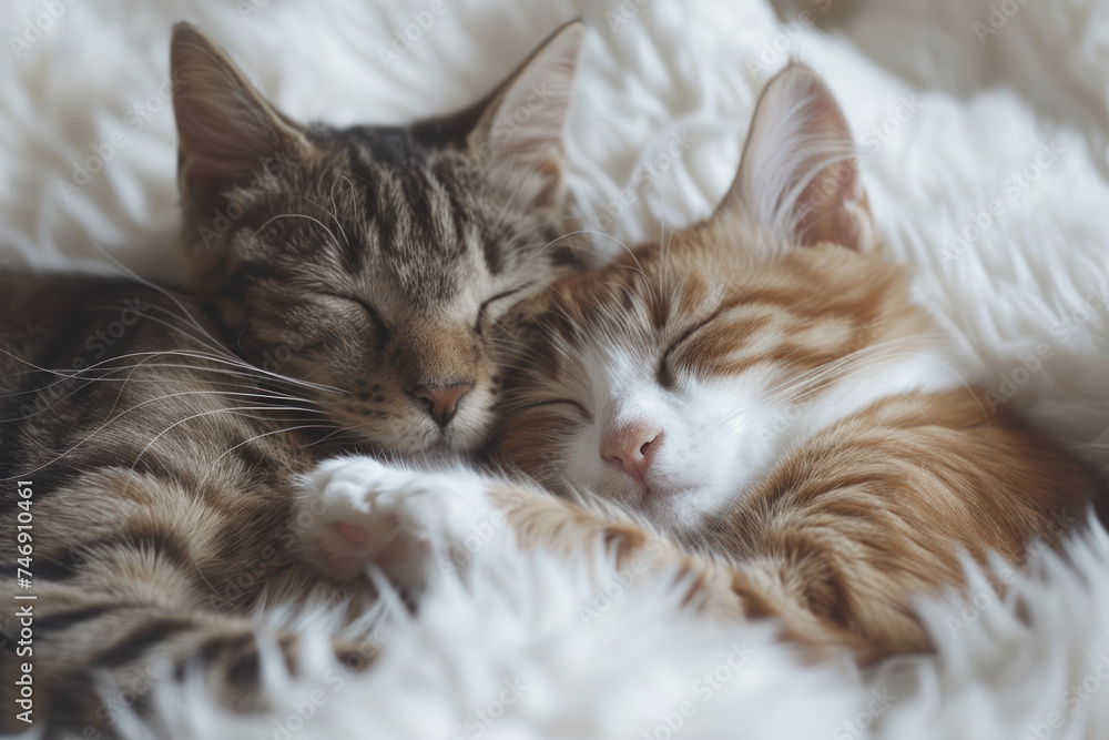 Cats sleep together on white fluffy bed, animal, love, family concept