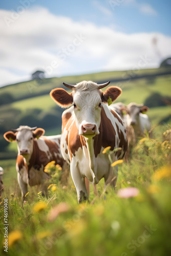 Rustic Charm: Ayrshire Dairy Cows' Grazing in Serene Green Pastures - A Display of Farm Life