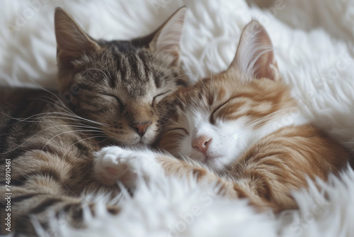 Cats sleep together on white fluffy bed, animal, love, family concept © Ema
