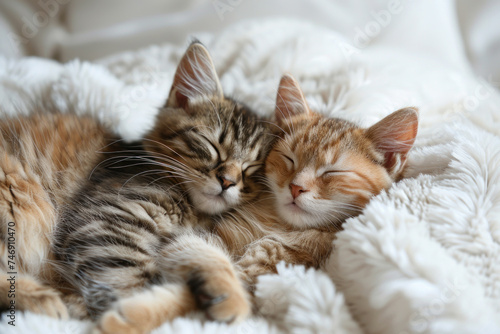 Cats sleep together on white fluffy bed, animal, love, family concept
