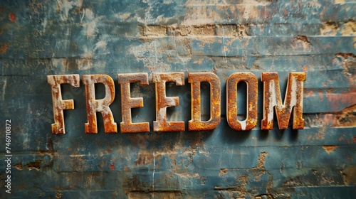 Brick Freedom concept creative horizontal art poster. Photorealistic textured word Freedom on artistic background. Ai Generated Liberty and Independence Horizontal Illustration..