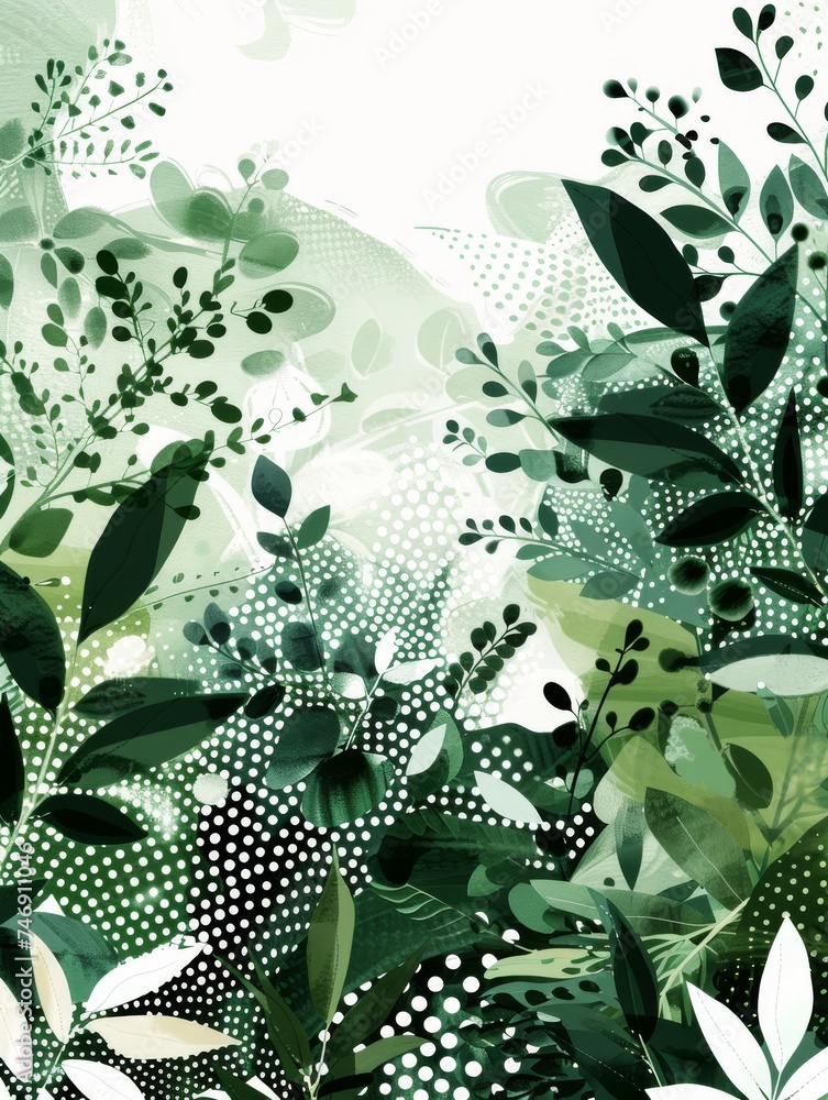 Fototapeta Green Leaves and Dots on White Background. Printable Wall Art.