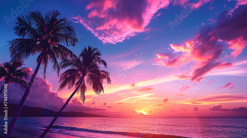 Palm trees on a beach at sunset.