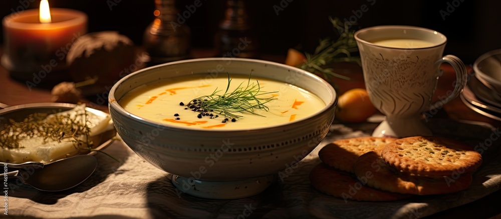 A bowl of healthy cheese soup sits on a wooden table next to a stack of crackers and a burning candle. The warm glow of the candle enhances the cozy atmosphere of the setting.