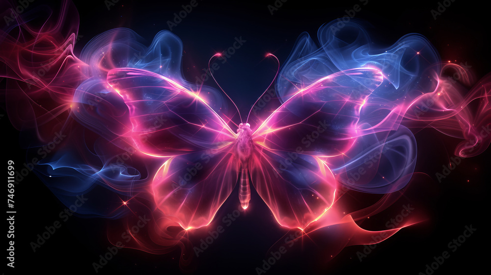 A neon butterfly radiates futuristic beauty, crafted from AI generative artistry.