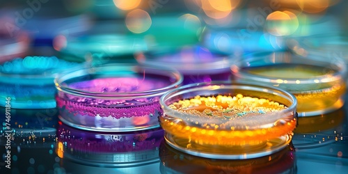 Diverse microbial cultures thriving in petri dishes creating a colorful scientific display. Concept Microbiology, Petri Dishes, Microbial Cultures, Scientific Display, Colorful Patterns