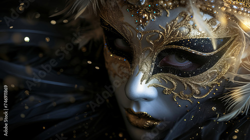 An opulent masquerade mask shrouded in mystery and adorned with diamonds, AI Generative.