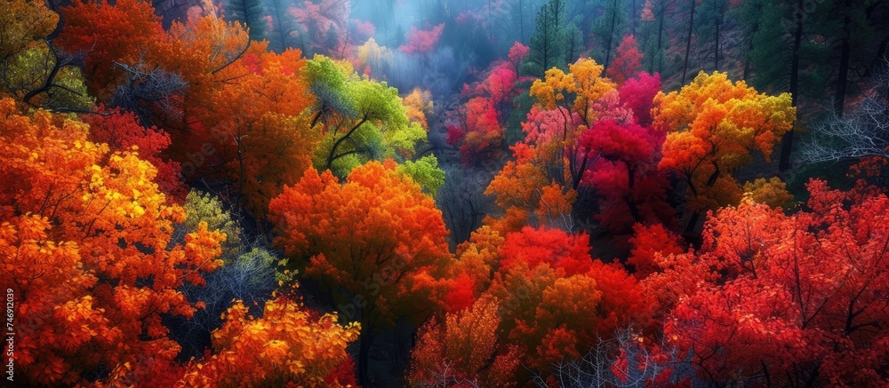 The forest in Zi National Park is filled with colorful trees showcasing the stunning colors of fall. The foliage is a vibrant display of reds, yellows, and oranges, creating a picturesque scene of