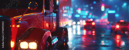 Truck on the road at night with motion blur. 3d illustration.