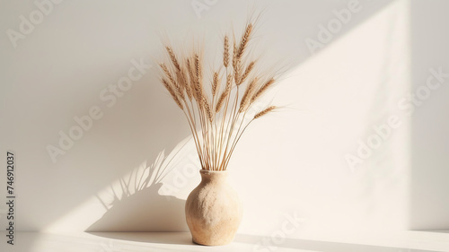 Warm sunlight bathes a rustic vase with wheat, evoking a serene simplicity, AI Generative.