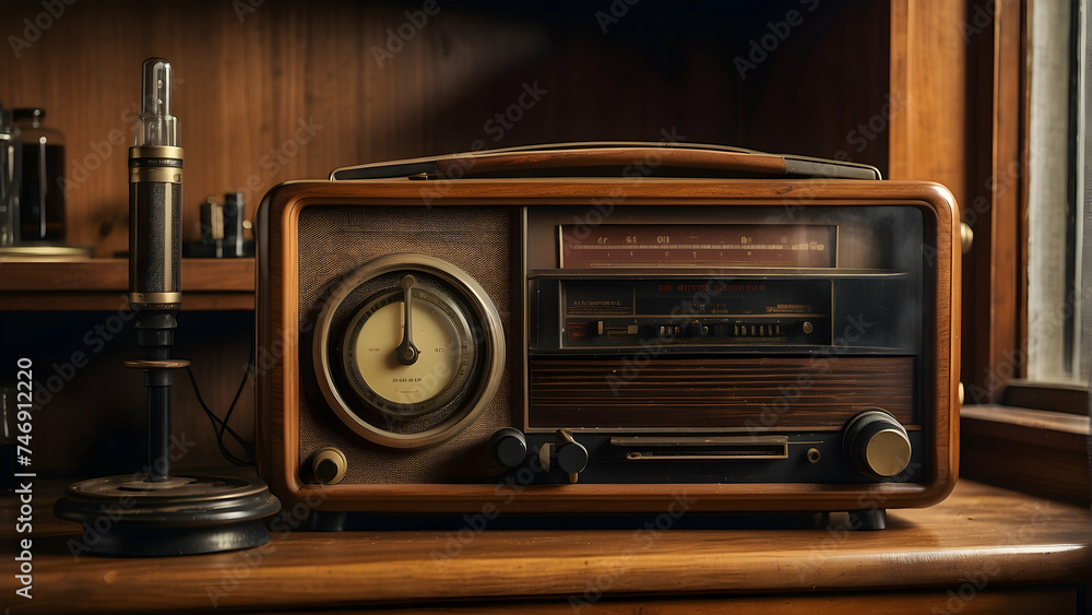 an old school radio sits on wooden shelf with old school vibes