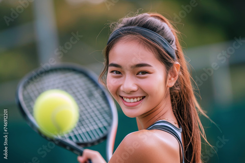 Malay woman in tennis player activewear doing exercise, sport workout © Aris