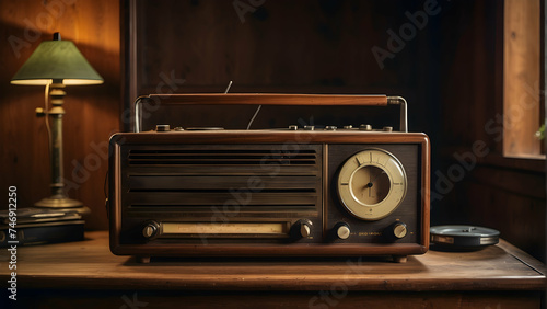 an old school radio sits on wooden shelf with old school vibes