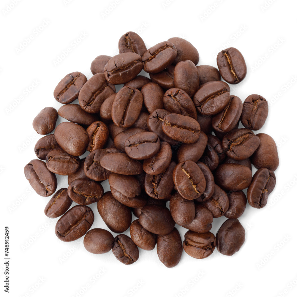 Roasted coffee beans on desk studio shot, Top view, Healthy products by organic natural ingredients concept, PNG transparency with shadow Roasted coffee beans on desk studio shot, Top view, Healthy products by organic natural ingredients concept, PNG transparency with shadow