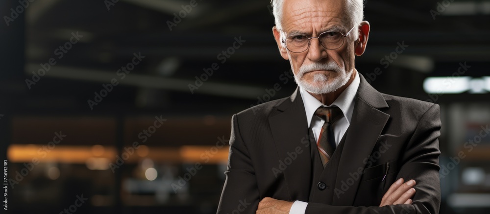 An elderly man with grey hair wearing business attire stands with a skeptical, disapproving, and nervous demeanor, his arms crossed with a negative attitude. An elderly man with grey hair wearing business attire stands with a skeptical, disapproving, and nervous demeanor, his arms crossed with a negative attitude.