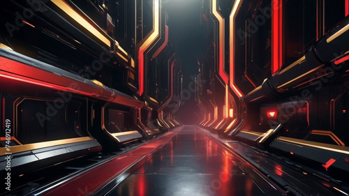 Futuristic sci fi background with black, red, and gold colors