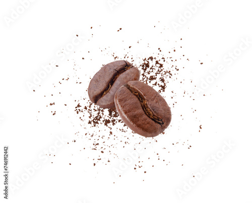 Flying whirl roasted coffee beans in the air with coffee powder studio shot, Healthy products by organic natural ingredients concept, PNG transparency