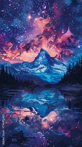 Artistic illustration of a starry night sky over a majestic mountain peak.