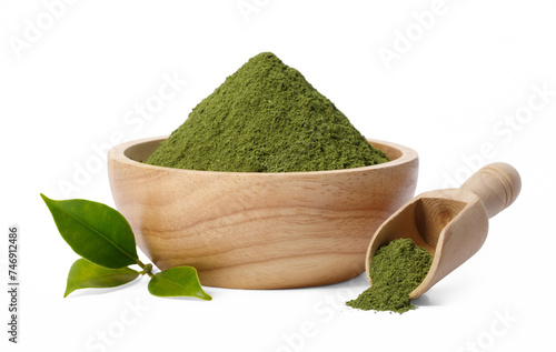 Matcha green tea powder in bowl with Organic green tea leaves, Organic product from the nature for healthy with traditional style, PNG transparency with shadow