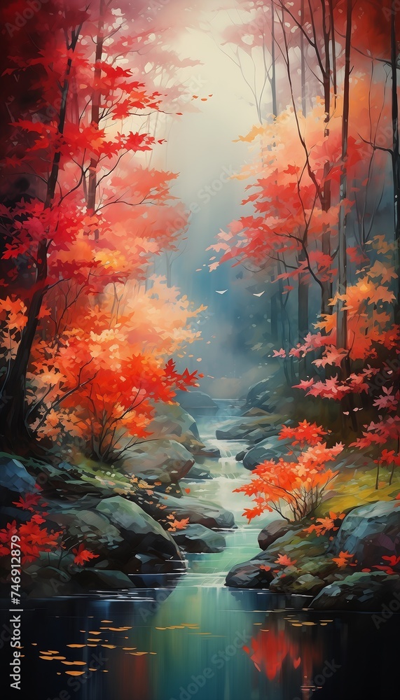 stream forest red leaves gorgeous skill ability gentle mists deep lit