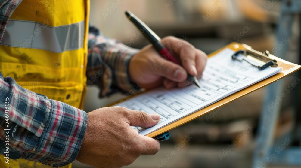 Construction Worker Inspecting Checklist on Clipboard. A construction worker in a high-visibility vest is focused on checking a list on a clipboard, ensuring all safety protocols are followed. - obrazy, fototapety, plakaty 
