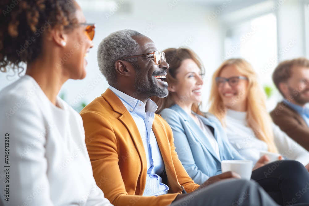 A diverse group of coworkers with a positive attitude attend a training session where employees are engaged in interacting among professional colleagues.