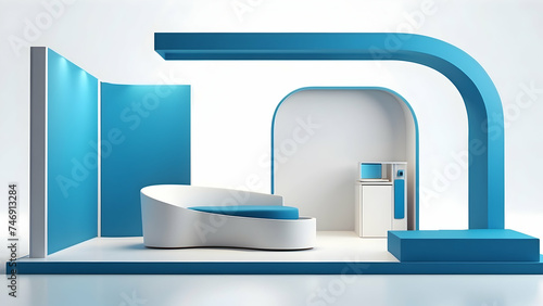 3d render of Exhibition stand for mockup and corporate identity. Empty booth design. Retail booth elements in exhibition hall. Booth design trade show