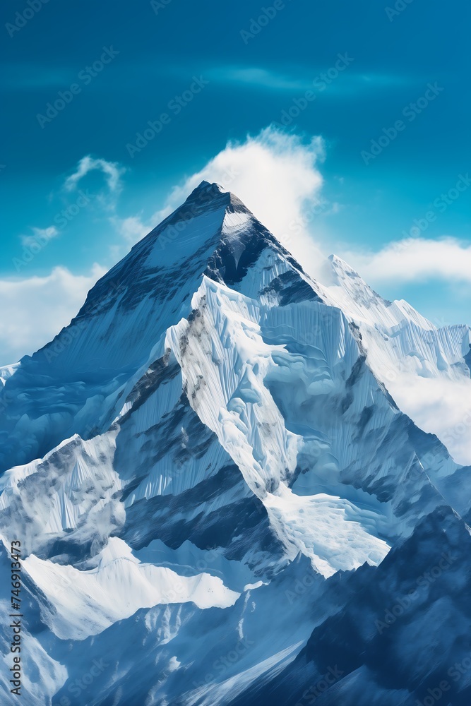 mountains covered snow clouds blue sky vertical symmetry steps climbing icebergs shows large sweaty mountain asian descend ratio young female ascending