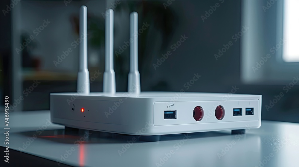 A white Wi-Fi router with external antennas on the home table. A white Wi-Fi router with external antennas on the home table.