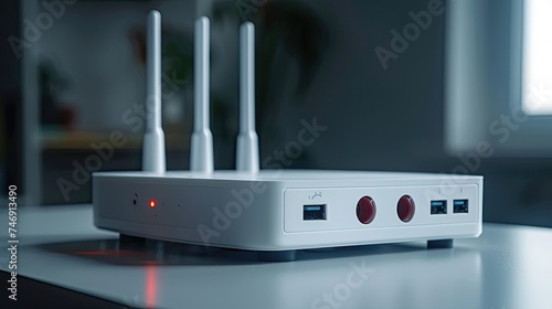 A white Wi-Fi router with external antennas on the home table.