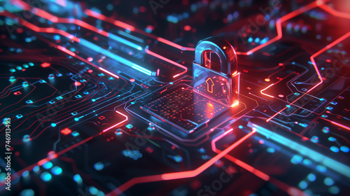 Digital security padlock on electronic circuit board with red light glowing. Background for cybersecurity, digital encryption, firewall security, data protection and technology concept.