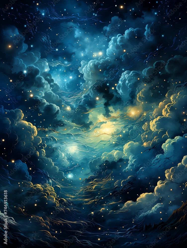 Fototapeta premium starry night sky clouds stars page daub cold blue swirly aquarius upon high dream sequence nights