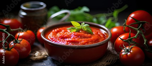 A bowl filled with thick tomato sauce sits in the center of the image, surrounded by vibrant red and ripe tomatoes. The focus is on the rich color and texture of the sauce, with the whole tomatoes