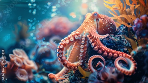 Beautiful squid under the colorful sea
